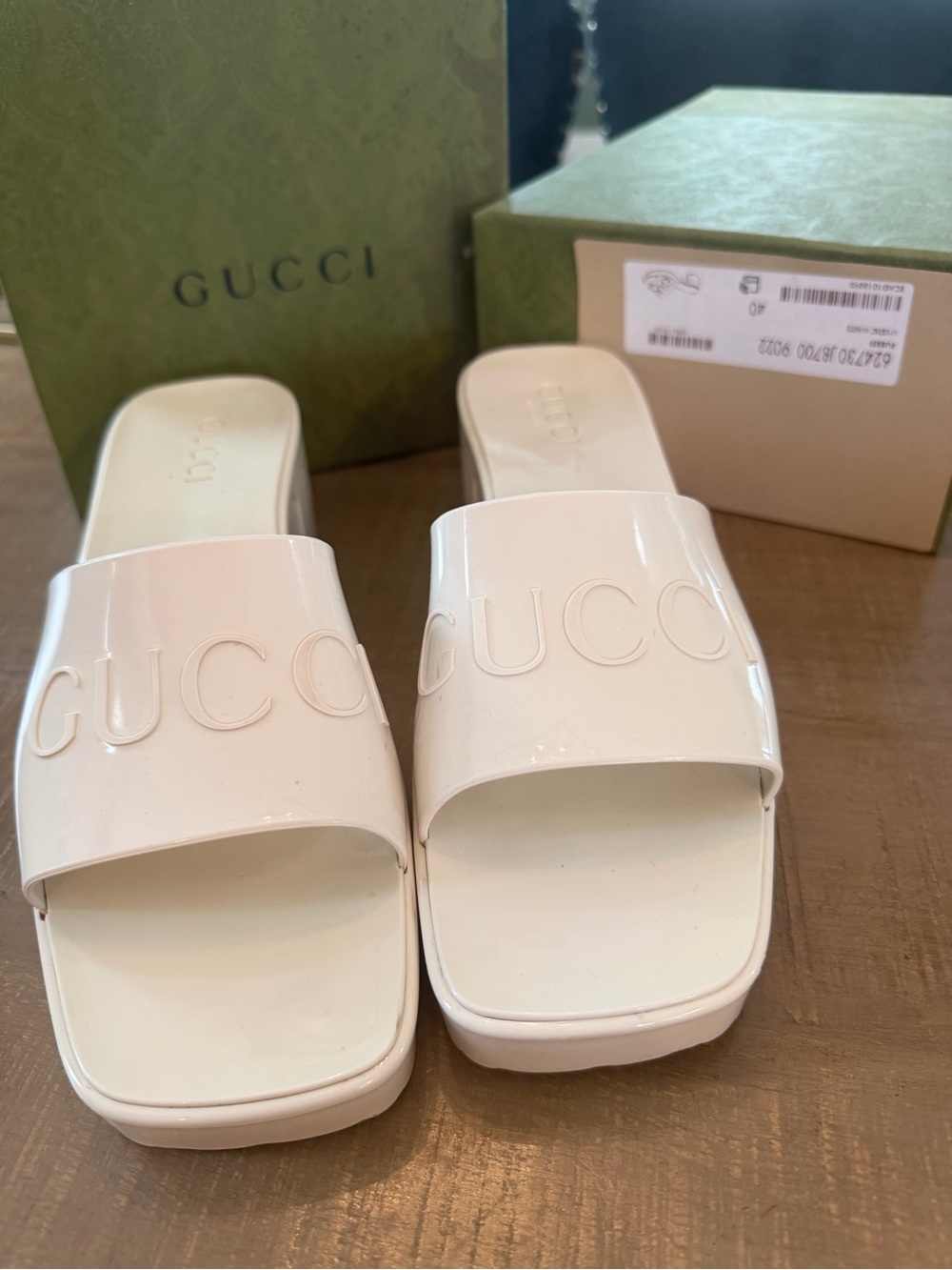 Gucci White Patent Logo Slide Mules